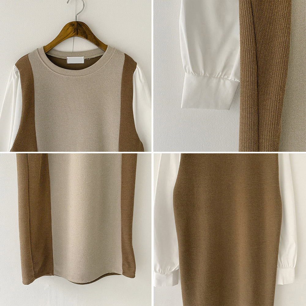 ママコーデ 袖切り替えニットワンピース 配色長袖ロング丈