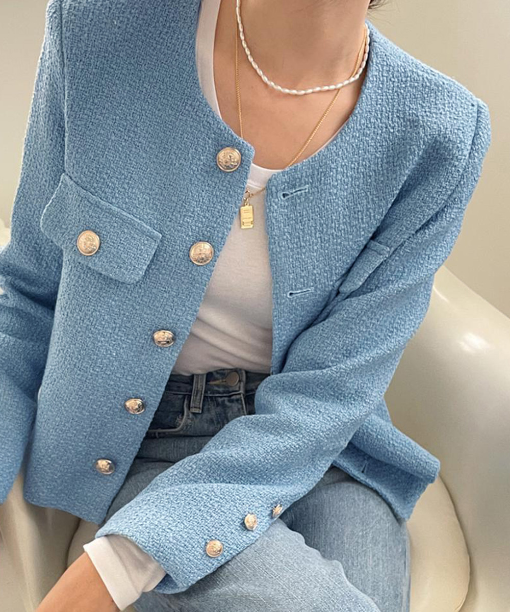 ママコーデ 発表会対応ツイード風ノーカラージャケット金ボタン