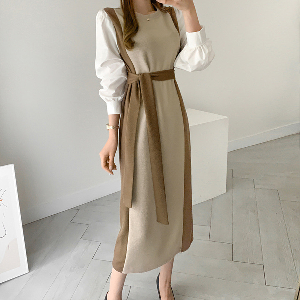 ママコーデ 袖切り替えニットワンピース 配色長袖ロング丈