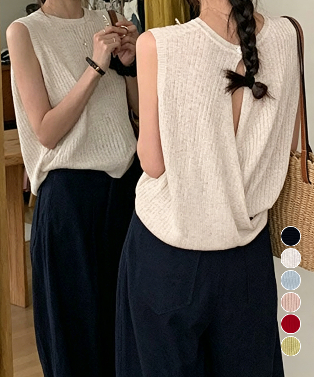 ママコーデ 背中開きリブニット袖なしタンクトップ カジュアル夏服