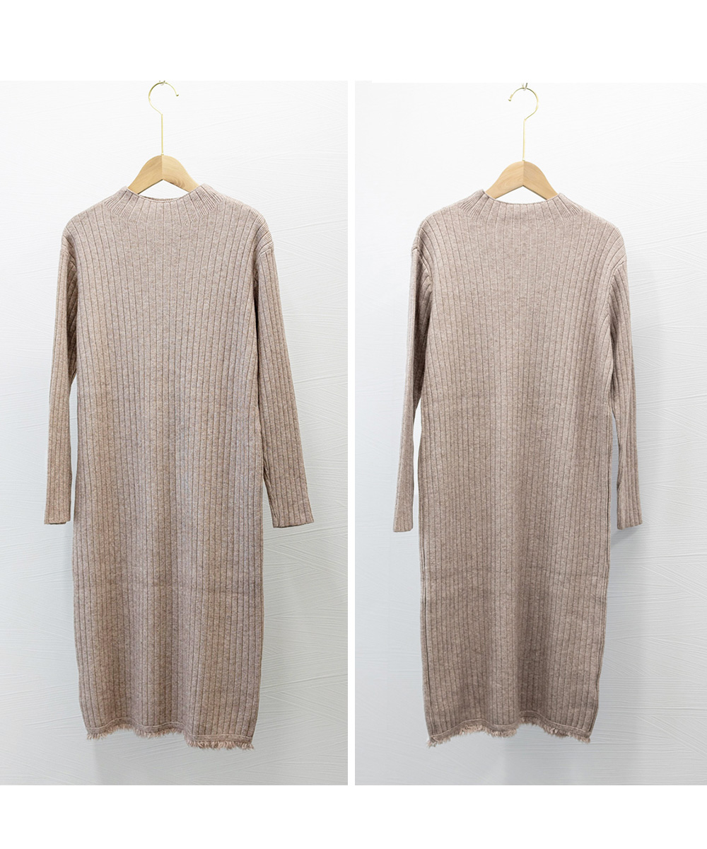 ママコーデ 発表会対応 裾房飾り付きリブ編みニットワンピース