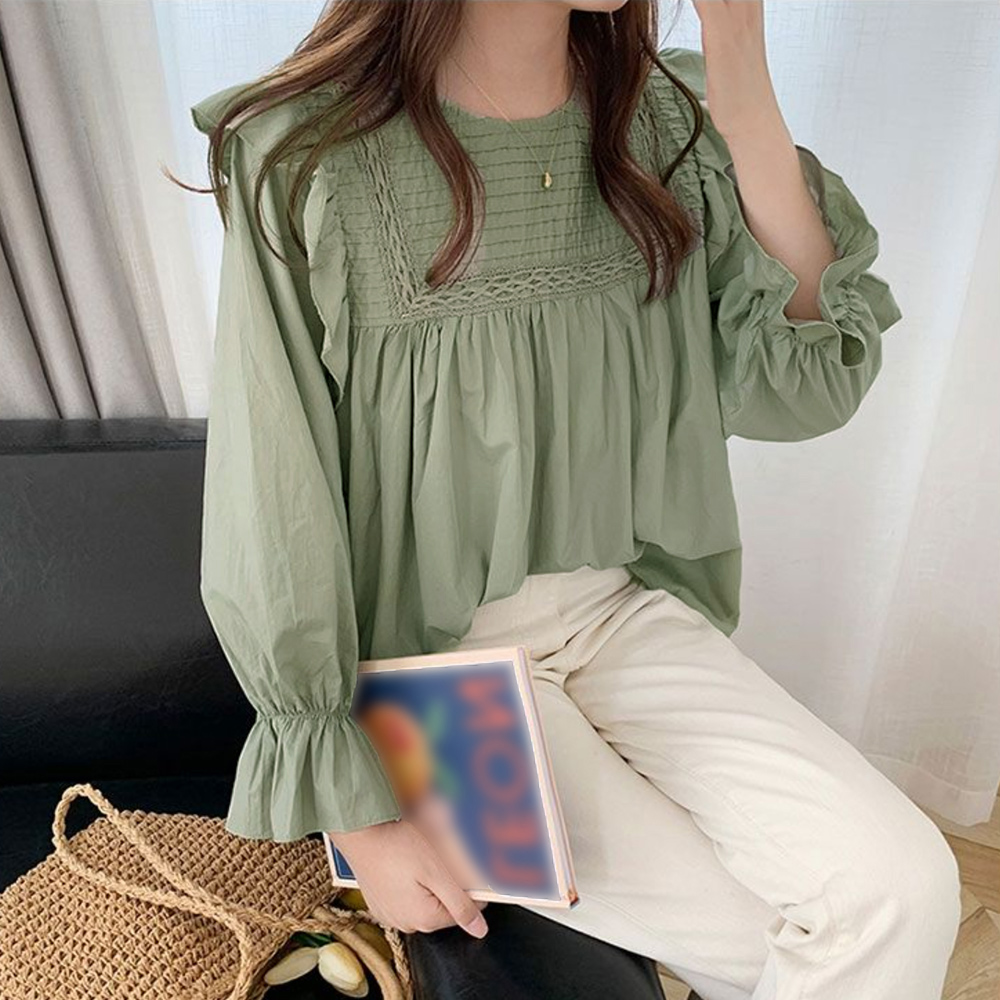 ママコーデ 遠足にぴったり 袖フリル長袖ブラウス レディース