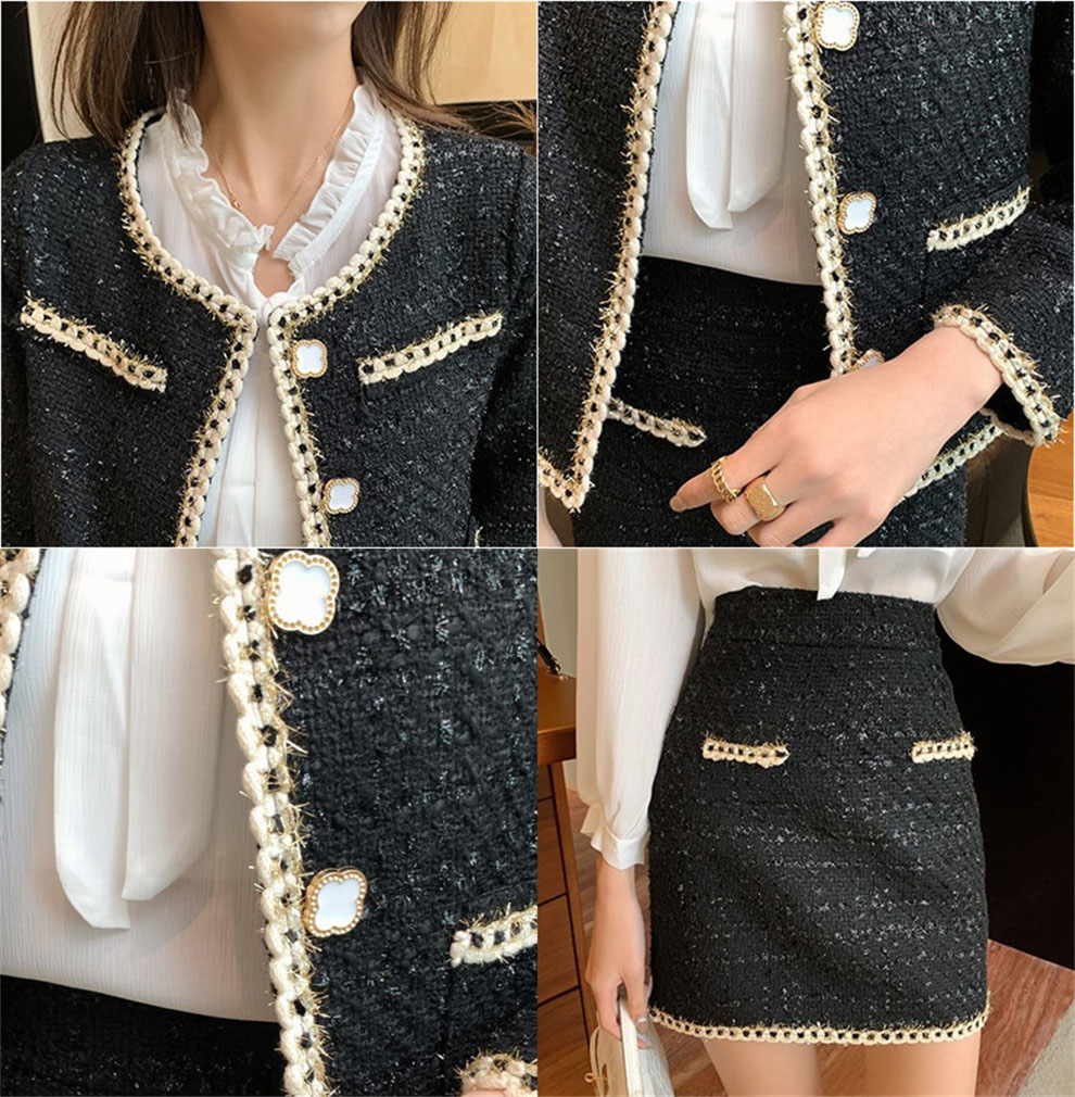 ママコーデ 卒業式対応ツイード上下二点組上品長袖外套短裙大寸法