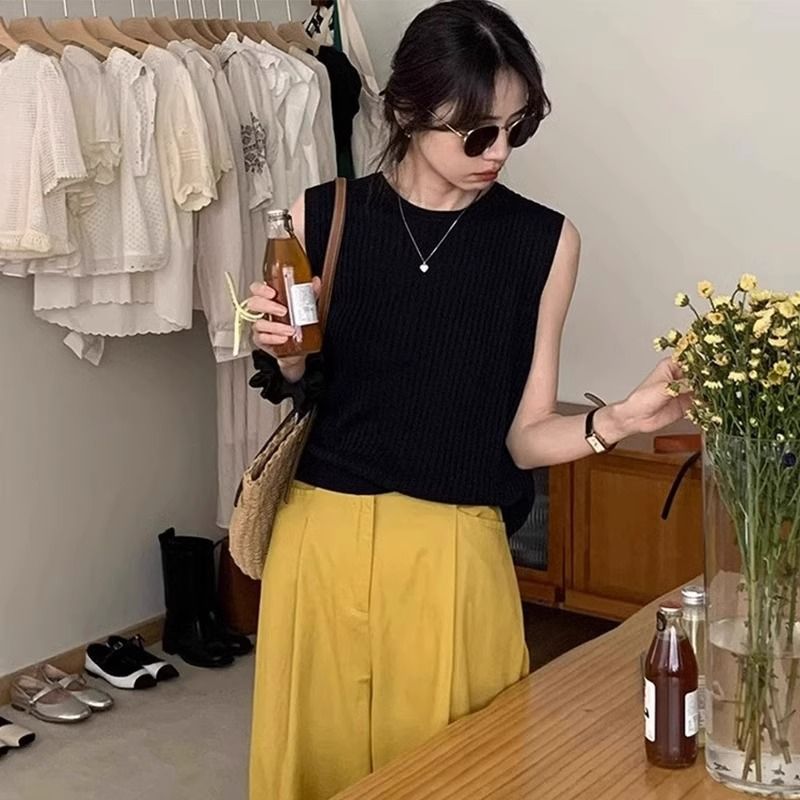 ママコーデ 涼やか麻混ノースリーブとワイドパンツセット