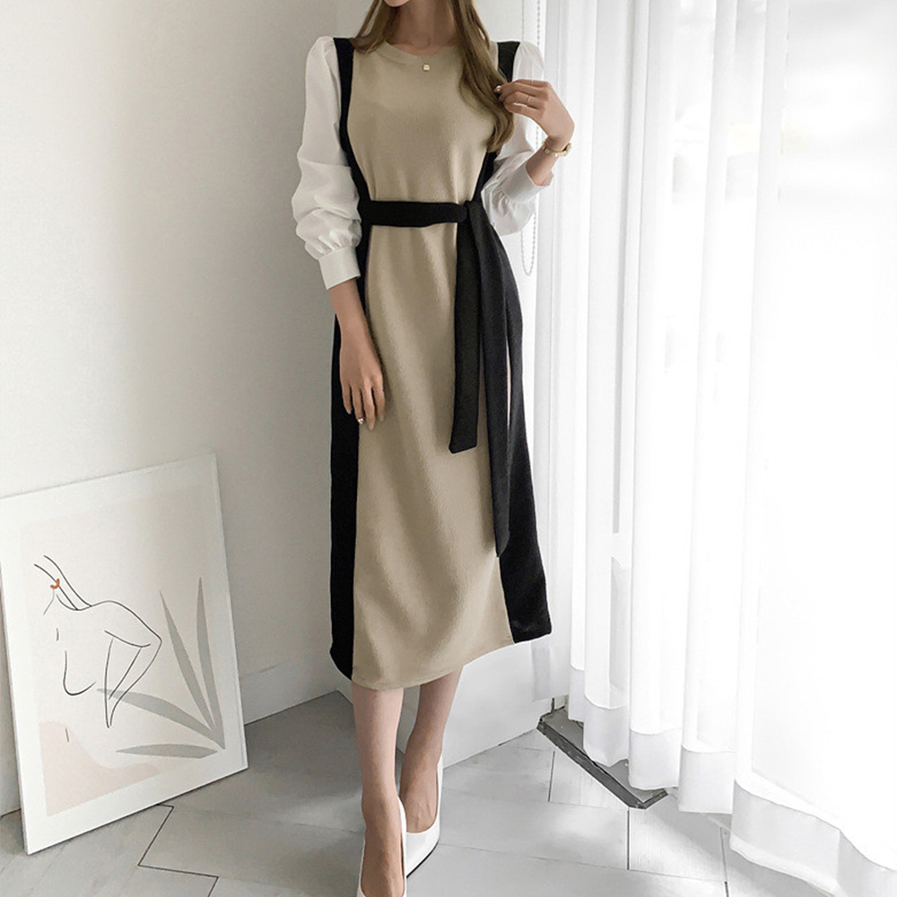 ママコーデ 袖切り替えニットワンピース 配色長袖ロング丈