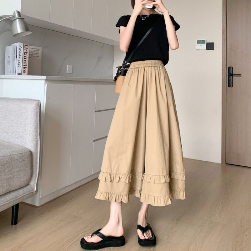 ママコーデ 二段フリル裾ワイドパンツ