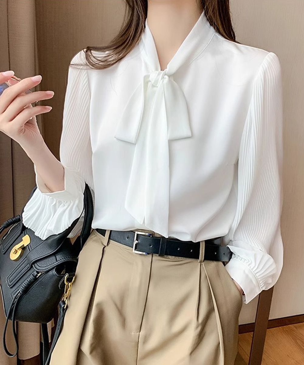 ママコーデ 入学式リボンタイブラウス長袖プリーツ袖シャツ