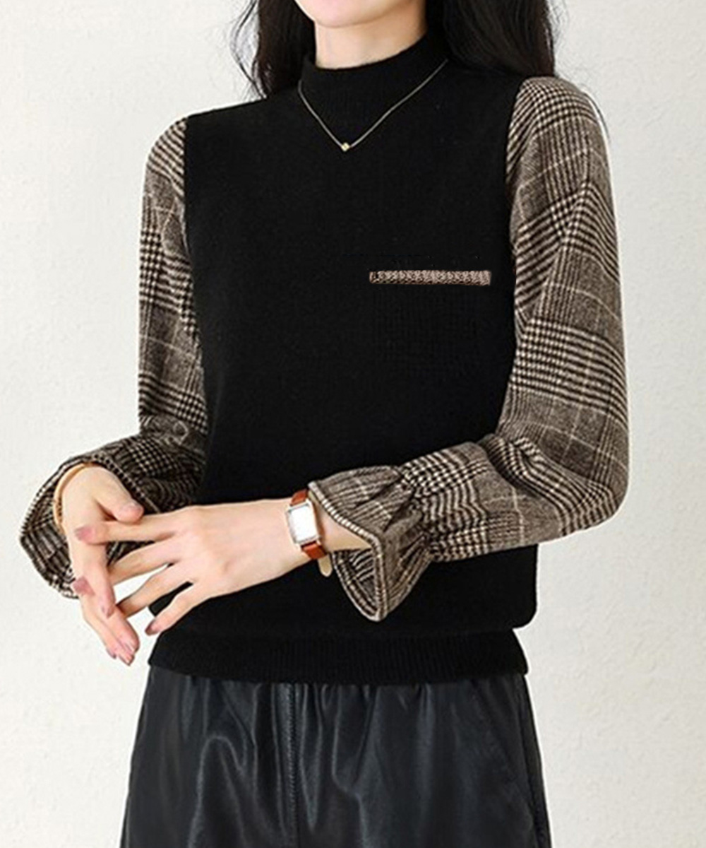 ママコーデ チェック柄袖切り替えハイネックニット カジュアル秋冬