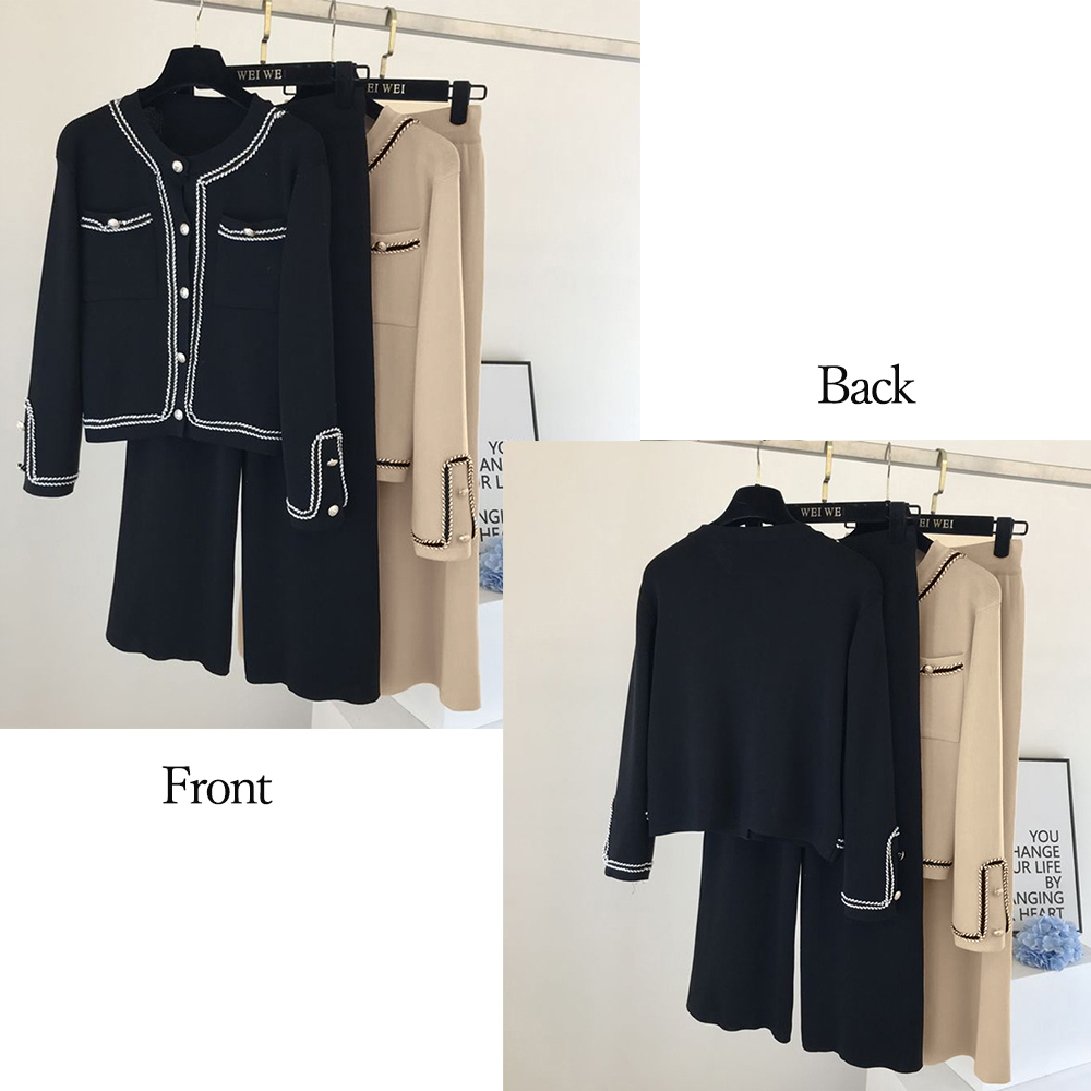 ママコーデ 卒業式対応 ニットセットアップ 配色ステッチ上下組 秋冬