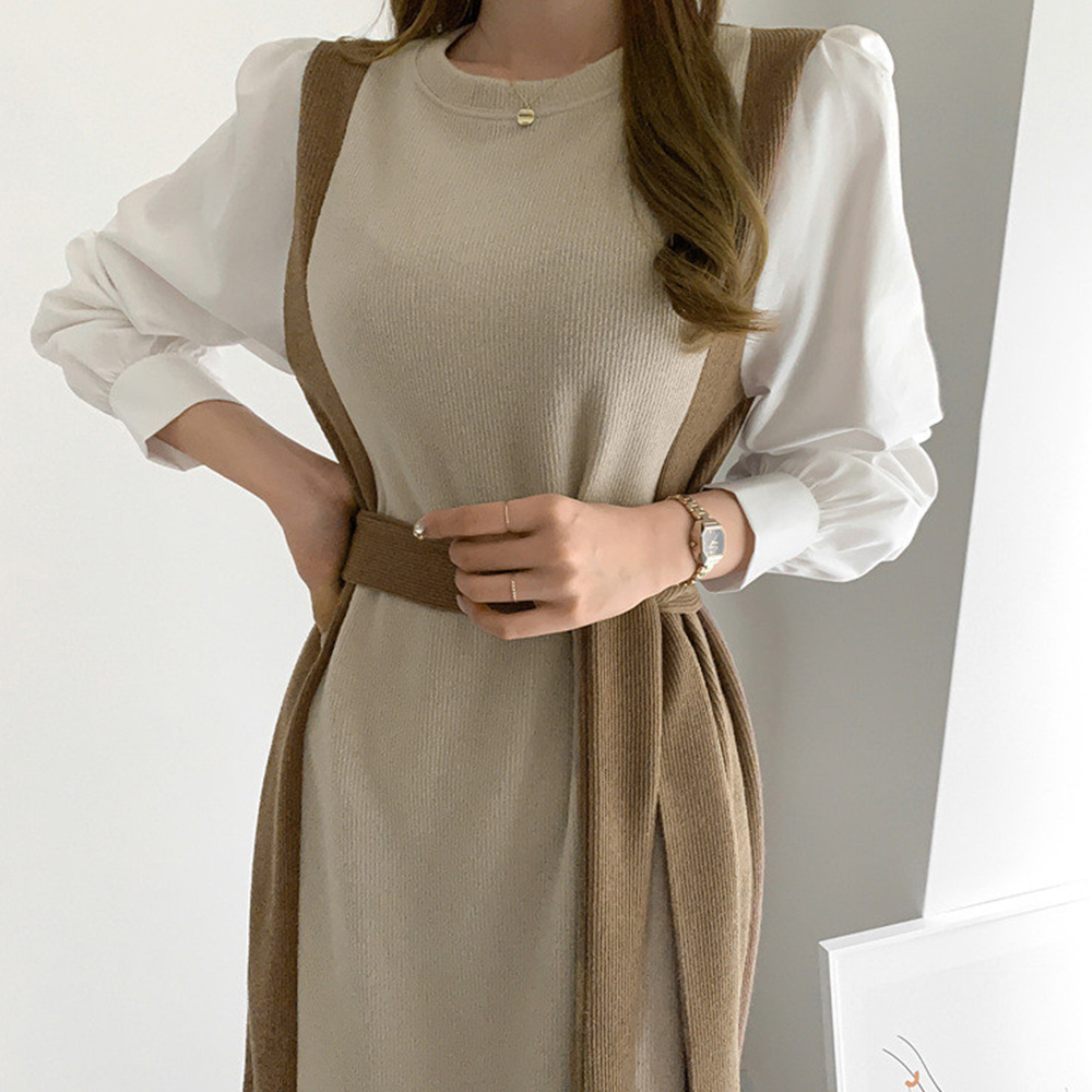 ママコーデ 袖切り替えニットワンピース 配色長袖ロング丈
