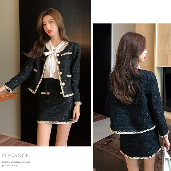 ママコーデ 卒業式対応ツイード上下二点組上品長袖外套短裙大寸法