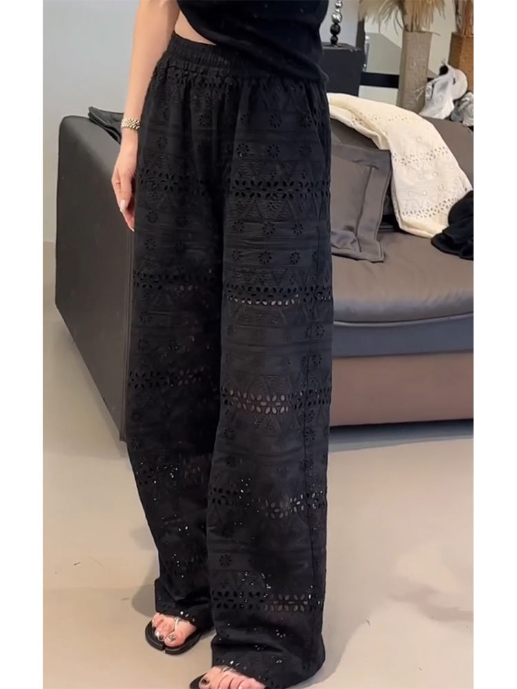 ママコーデ 花レース透かし模様ワイドパンツ
