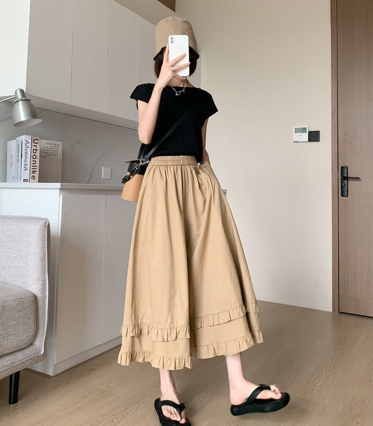 ママコーデ 二段フリル裾ワイドパンツ