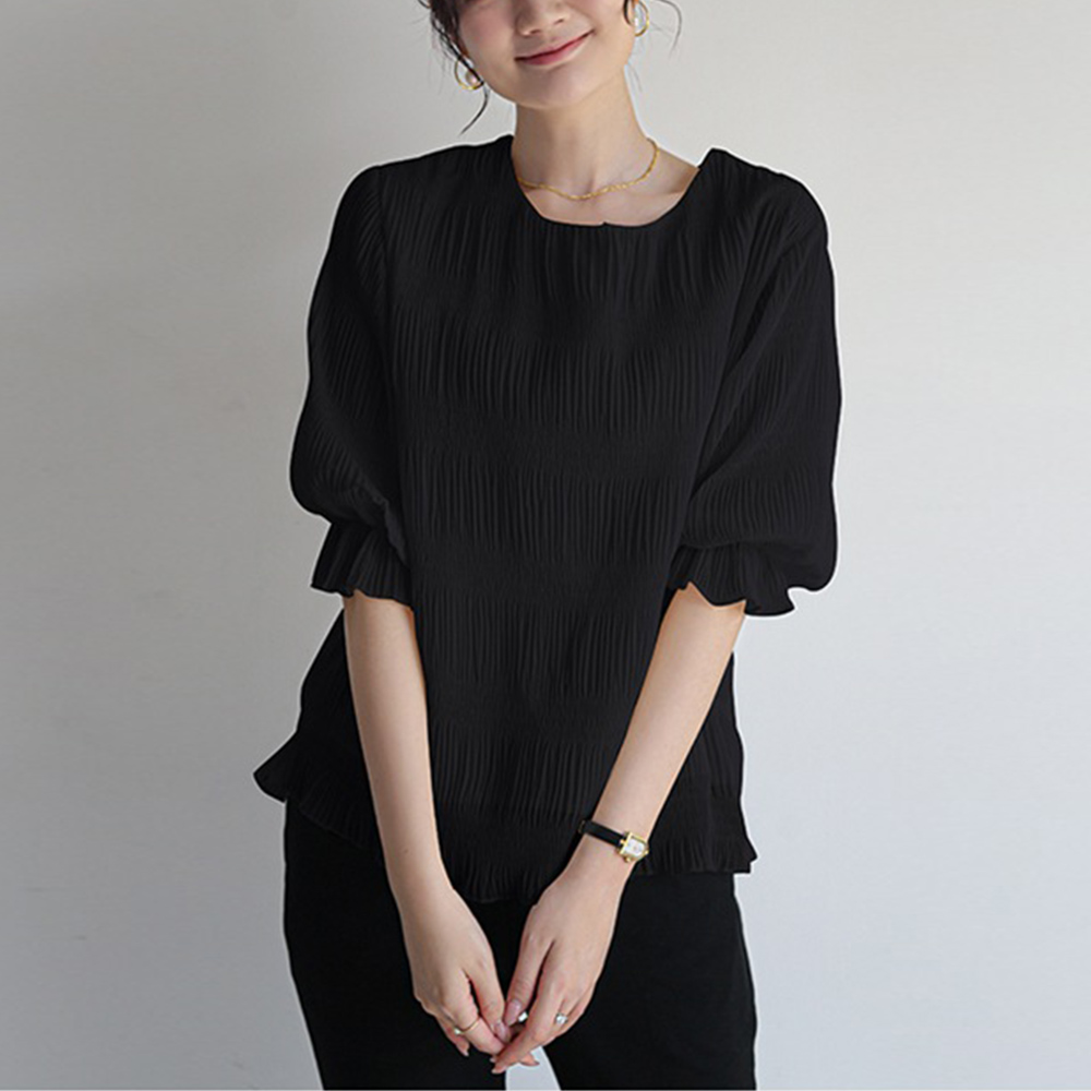 ママコーデ 発表会対応プリーツブラウス五分袖きれいめ