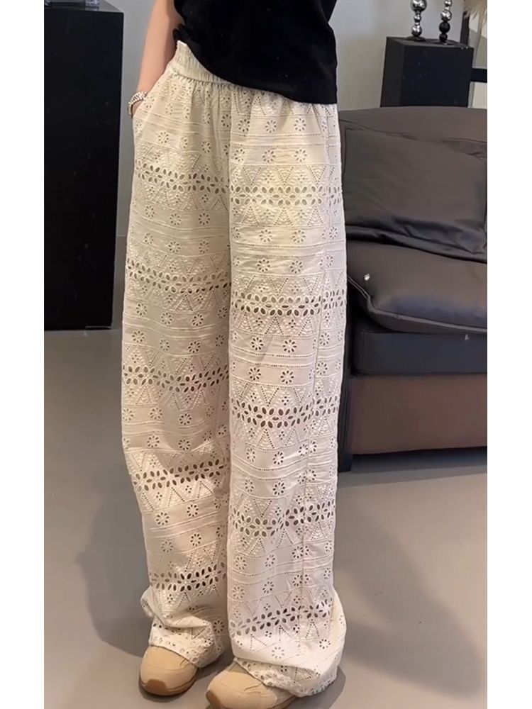 ママコーデ 花レース透かし模様ワイドパンツ