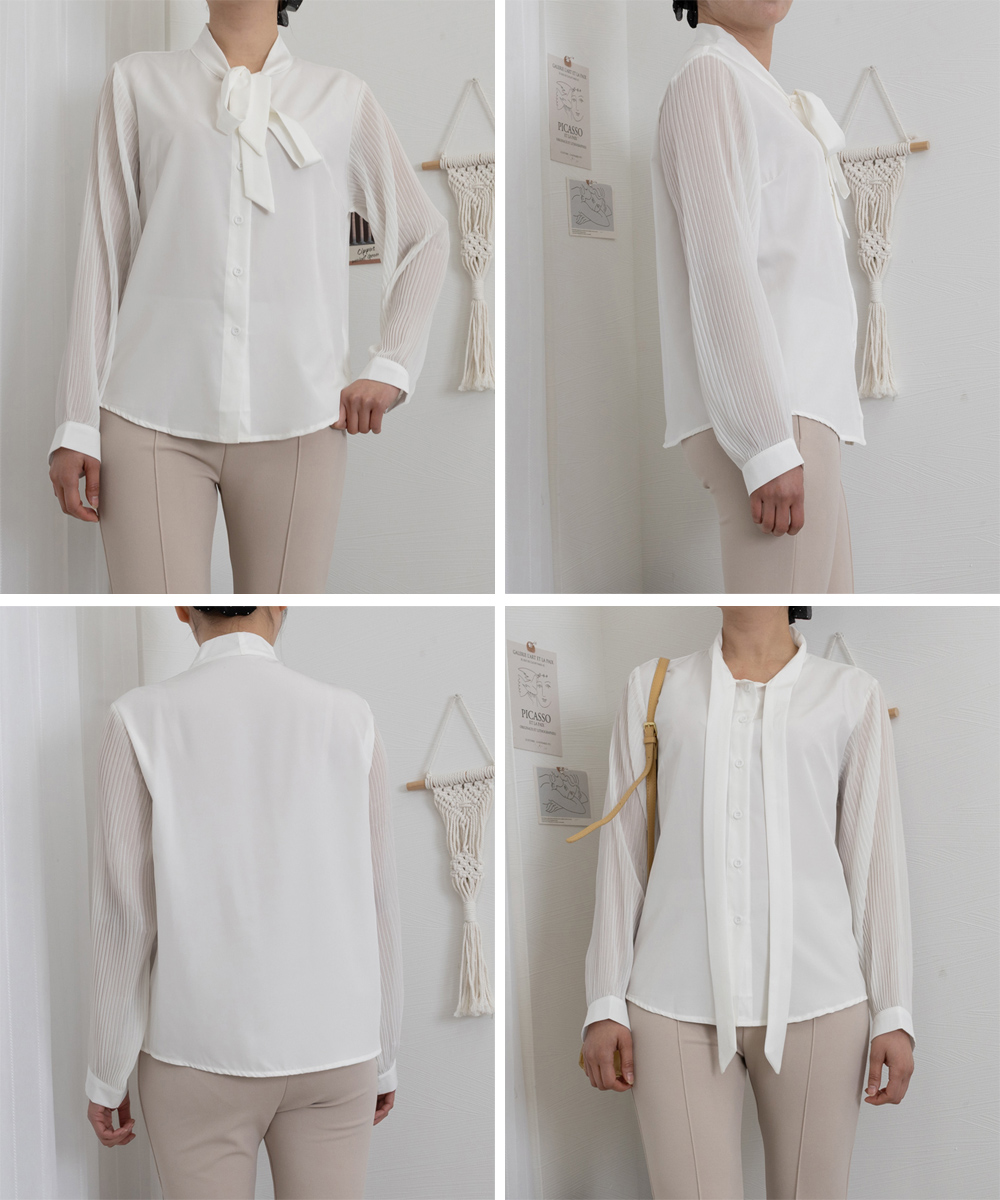 ママコーデ 入学式リボンタイブラウス長袖プリーツ袖シャツ