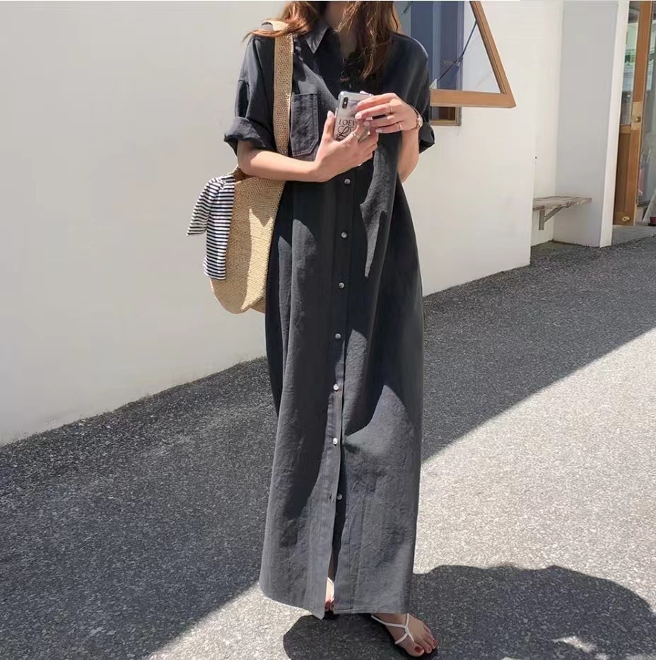 ママコーデ ロング丈シャツワンピース