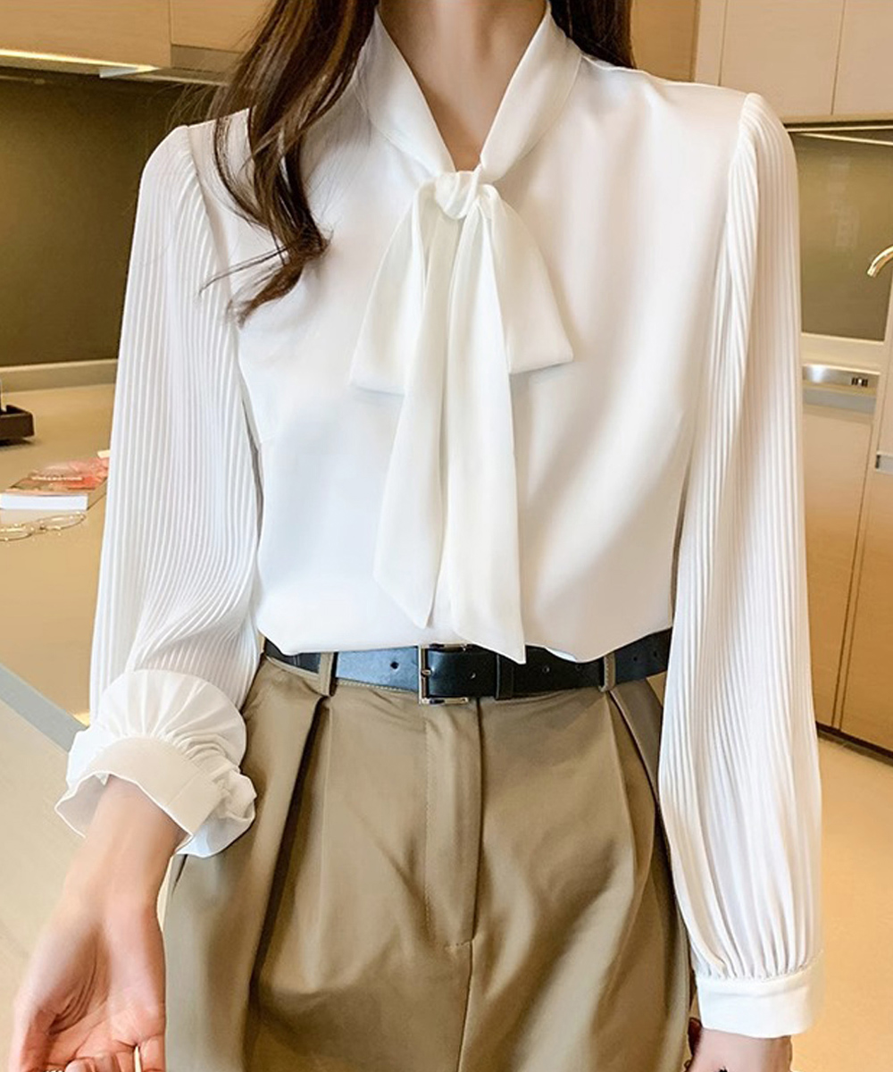 ママコーデ 入学式リボンタイブラウス長袖プリーツ袖シャツ