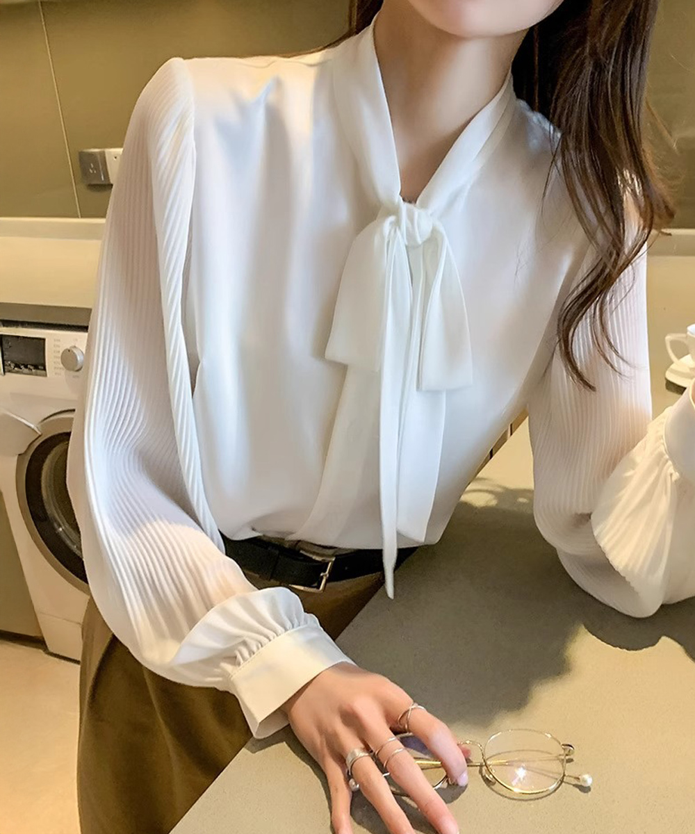 ママコーデ 入学式リボンタイブラウス長袖プリーツ袖シャツ