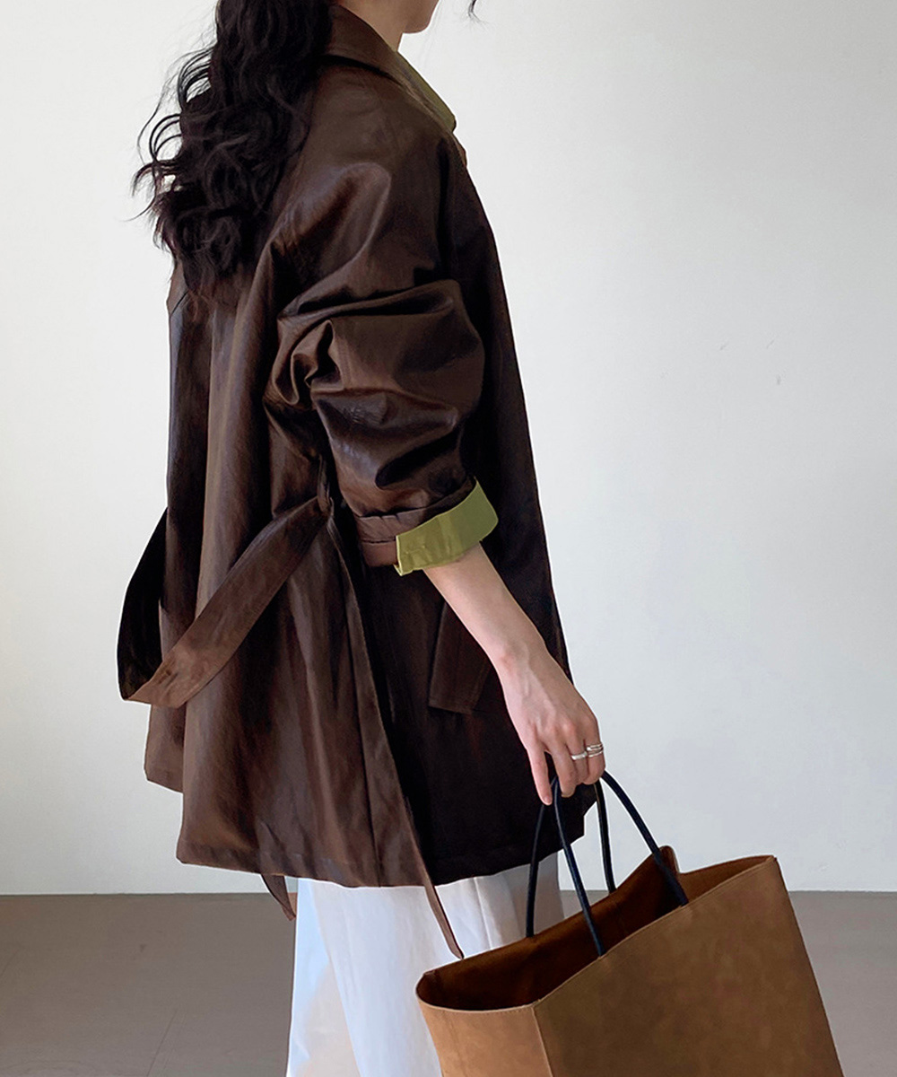 ママコーデ 発表会対応 合皮ロングジャケット ベルト付きママアウター