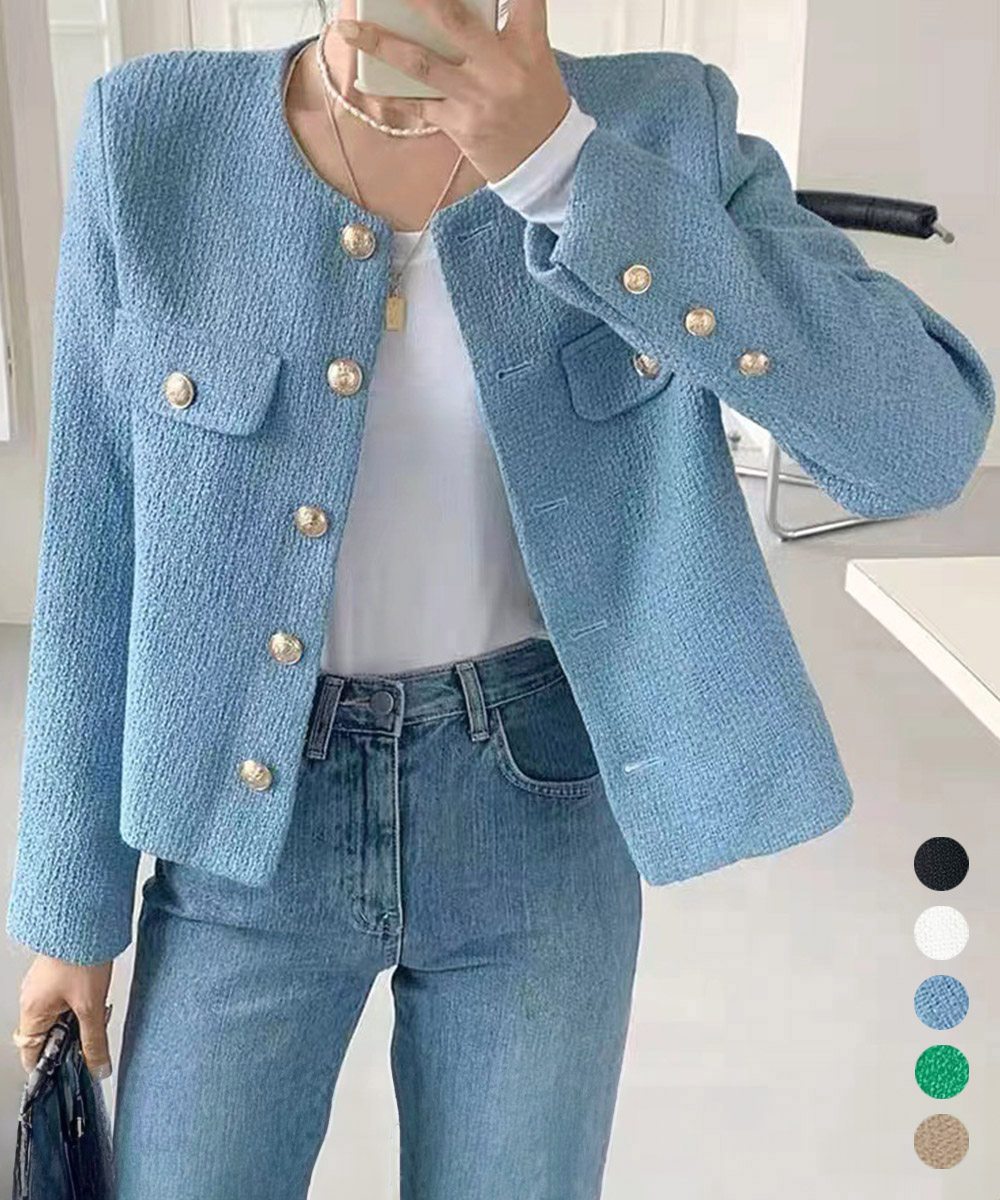 ママコーデ 発表会対応ツイード風ノーカラージャケット金ボタン