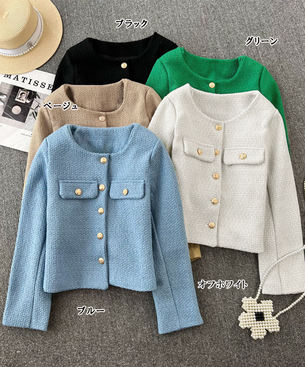 ママコーデ 発表会対応ツイード風ノーカラージャケット金ボタン