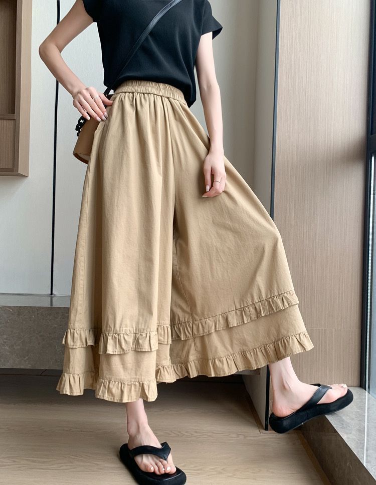 ママコーデ 二段フリル裾ワイドパンツ