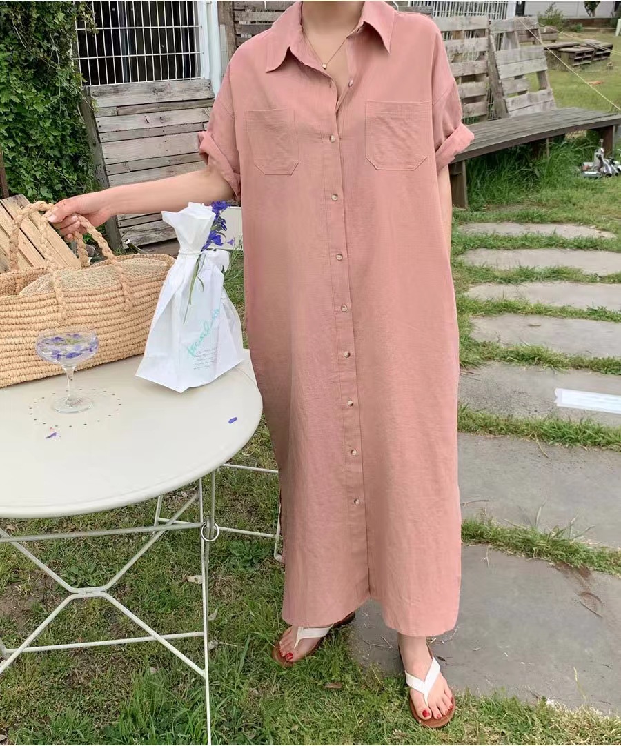 ママコーデ ロング丈シャツワンピース