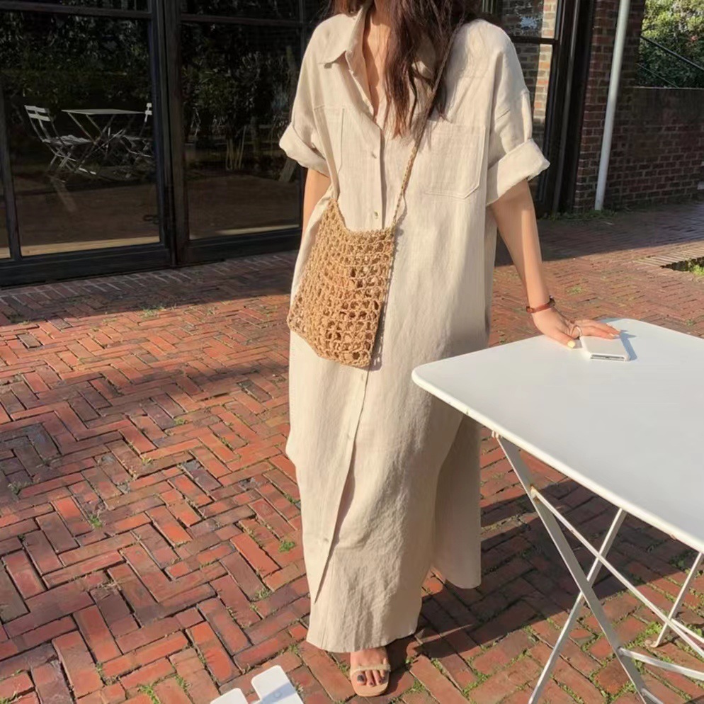 ママコーデ ロング丈シャツワンピース