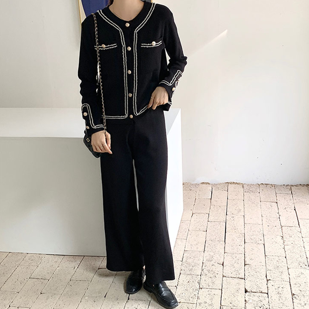 ママコーデ 卒業式対応 ニットセットアップ 配色ステッチ上下組 秋冬