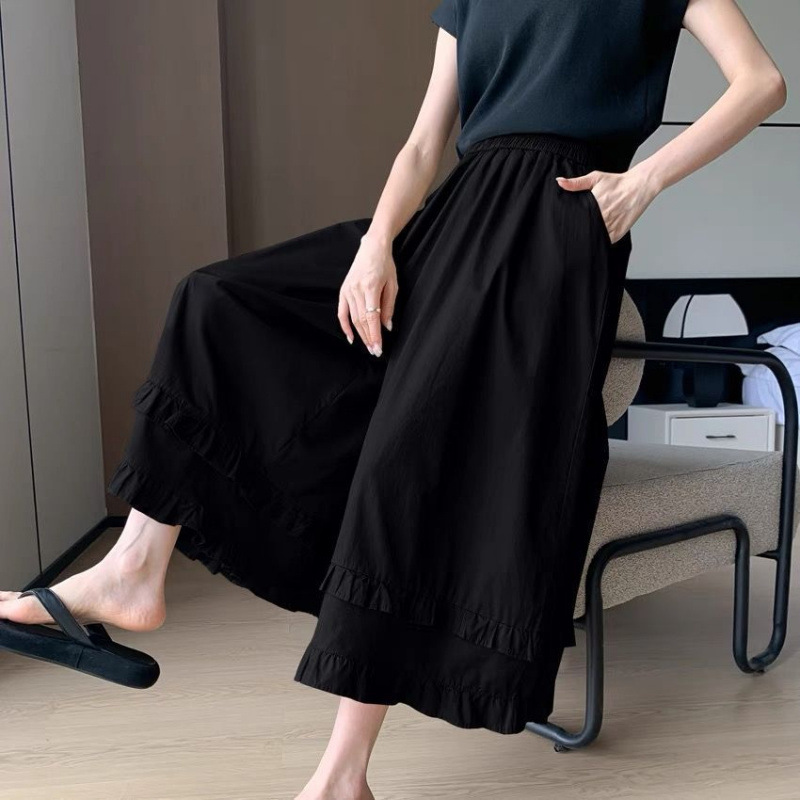 ママコーデ 二段フリル裾ワイドパンツ