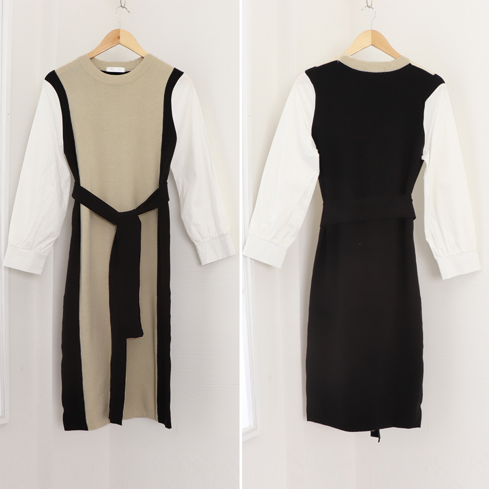 ママコーデ 袖切り替えニットワンピース 配色長袖ロング丈