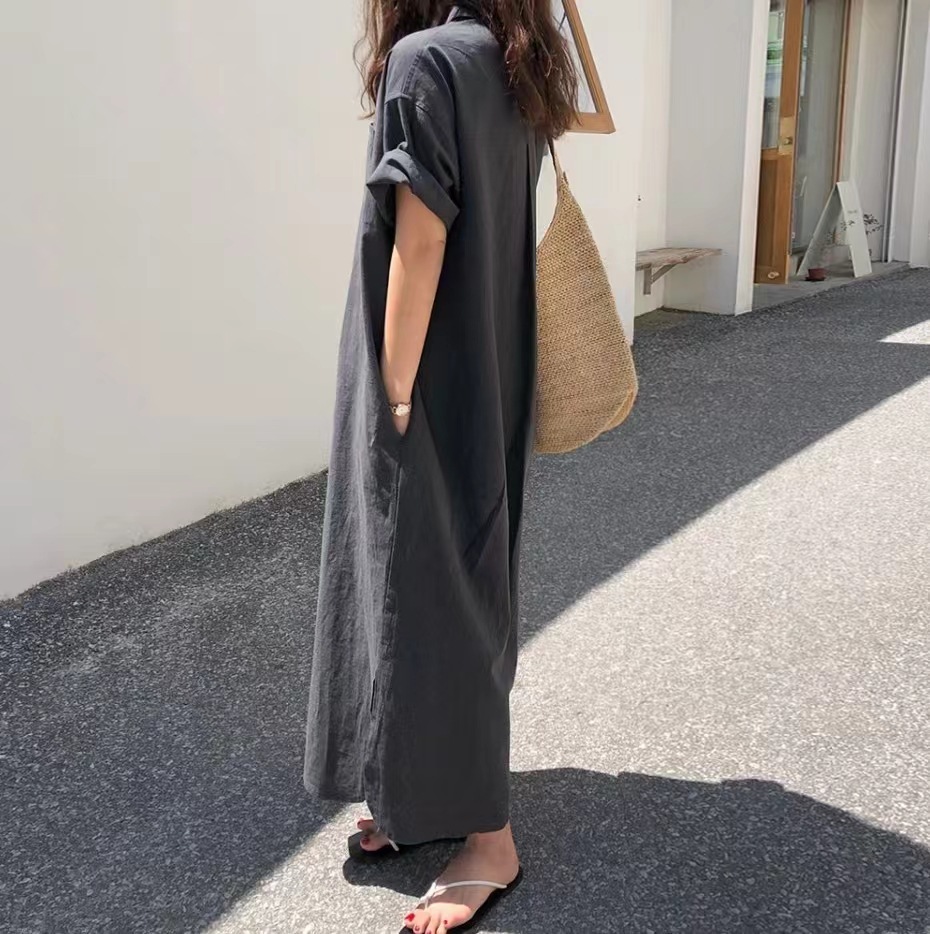 ママコーデ ロング丈シャツワンピース