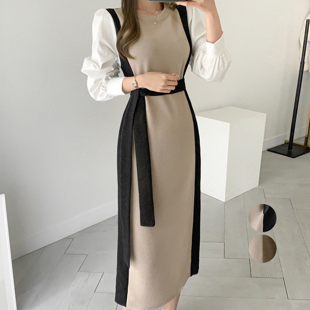 ママコーデ 袖切り替えニットワンピース 配色長袖ロング丈