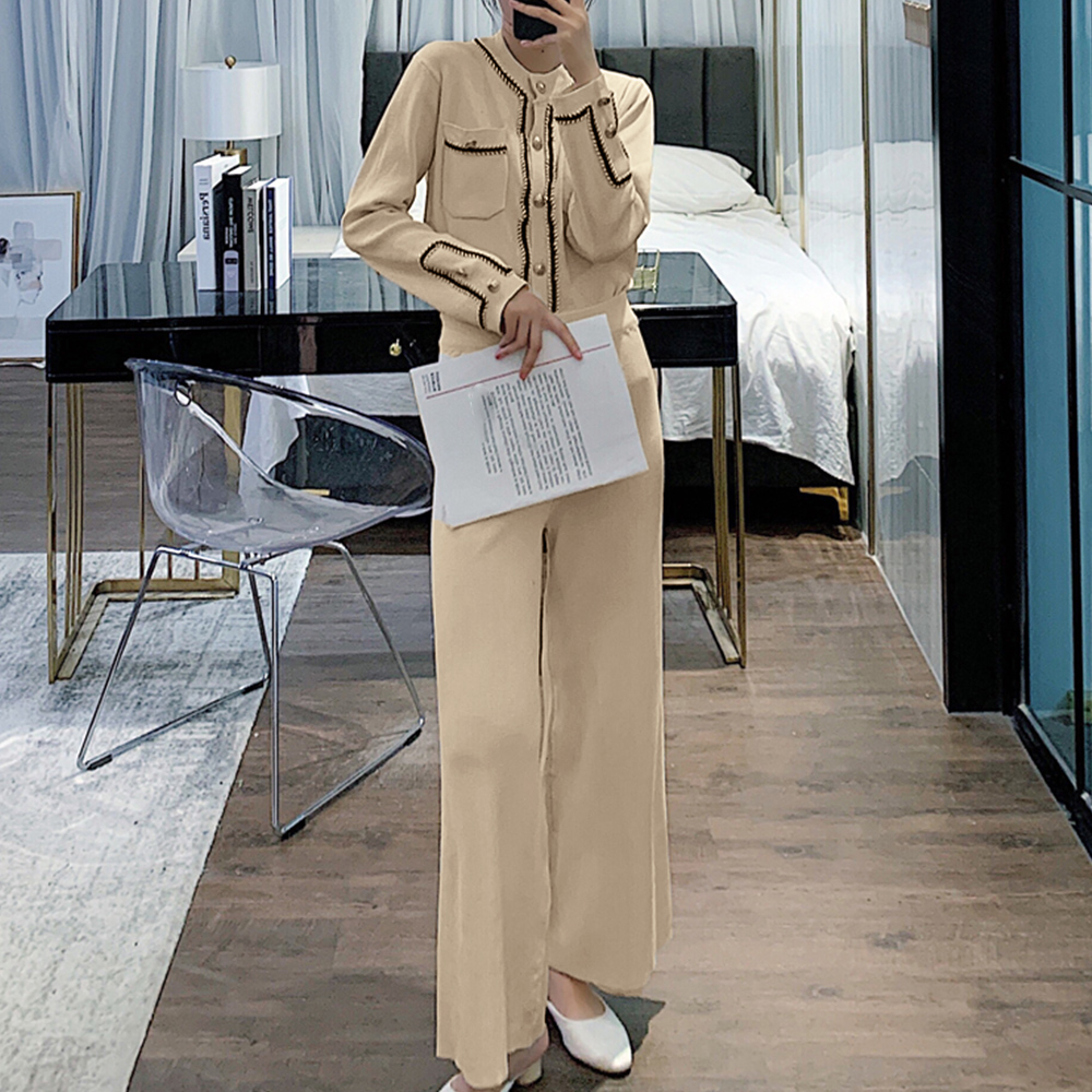 ママコーデ 卒業式対応 ニットセットアップ 配色ステッチ上下組 秋冬