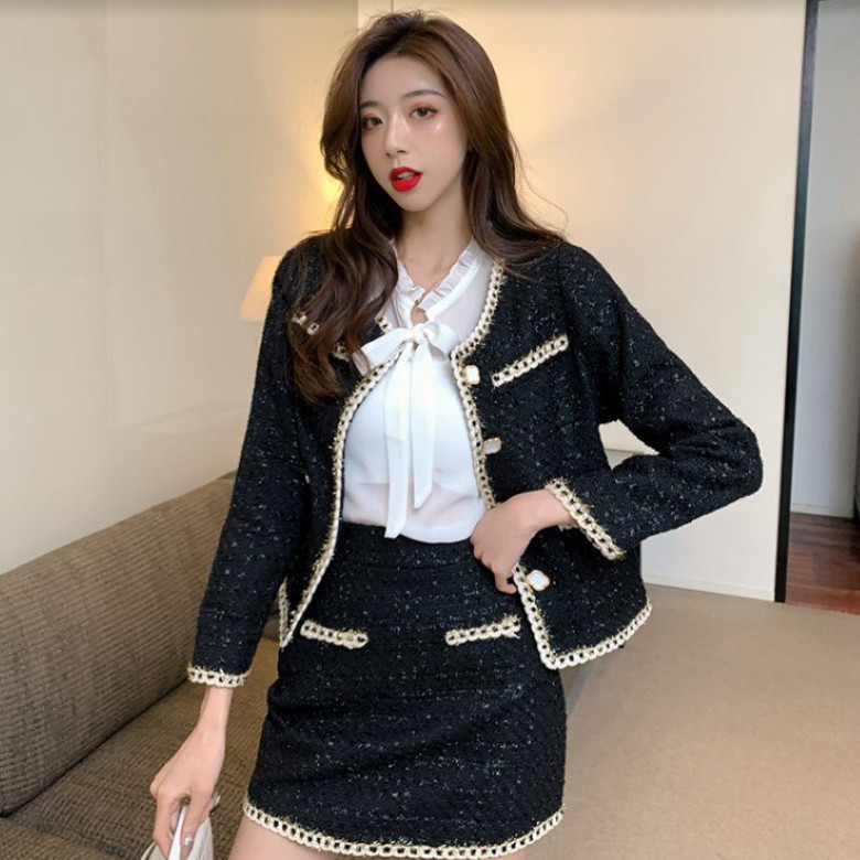 ママコーデ 卒業式対応ツイード上下二点組上品長袖外套短裙大寸法