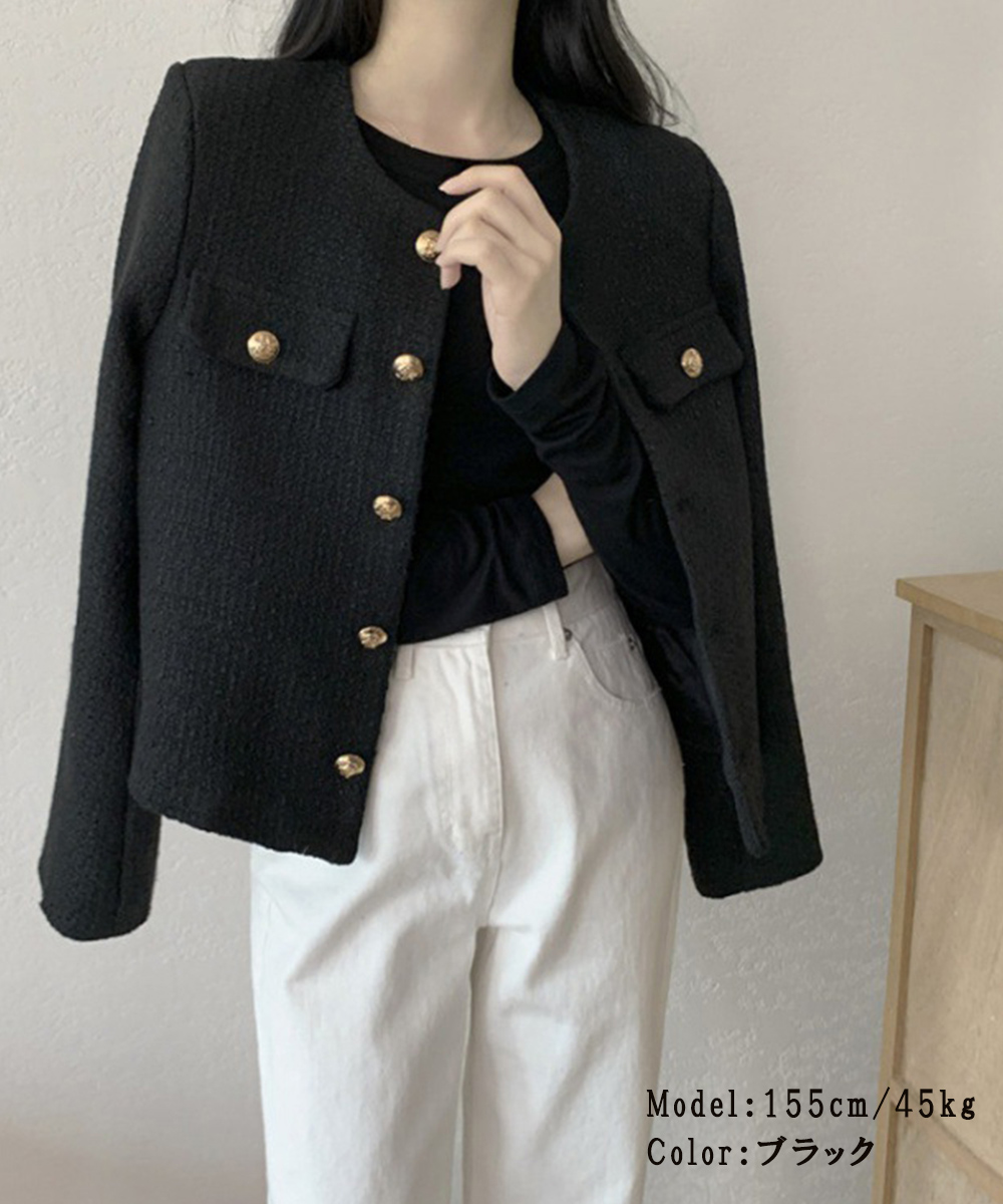 ママコーデ 発表会対応ツイード風ノーカラージャケット金ボタン