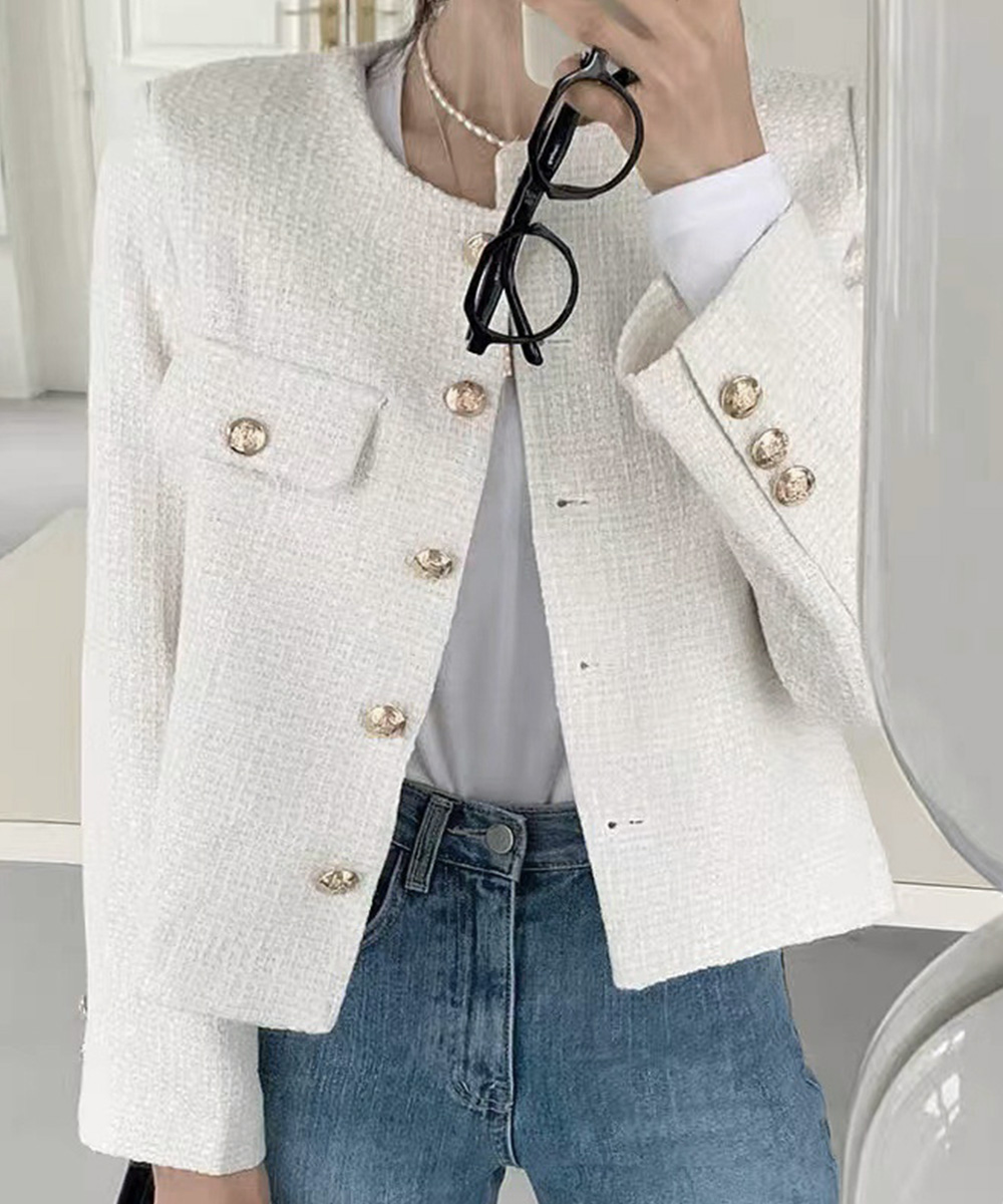ママコーデ 発表会対応ツイード風ノーカラージャケット金ボタン