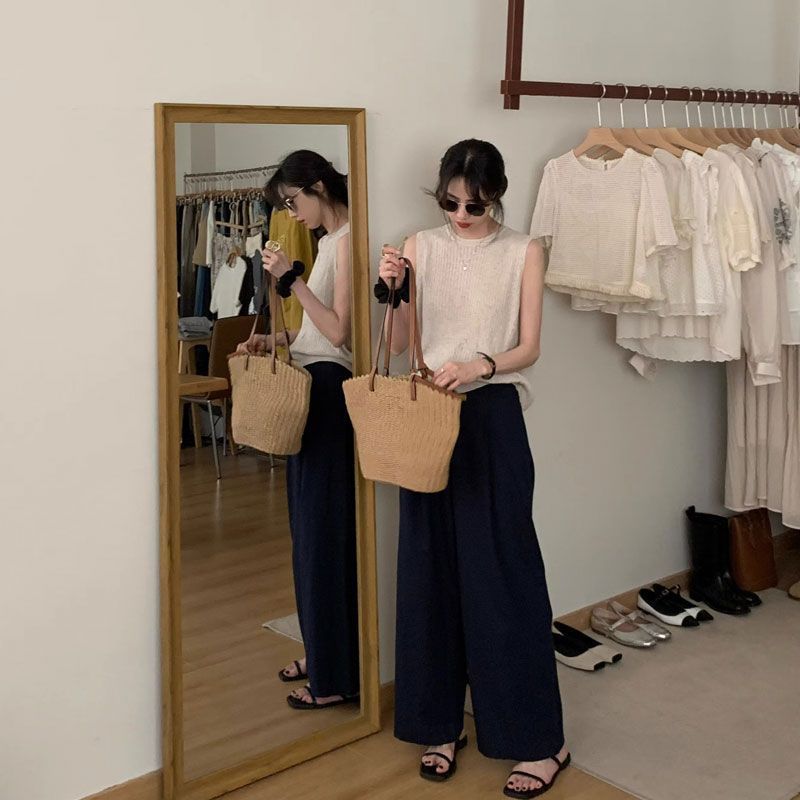 ママコーデ 涼やか麻混ノースリーブとワイドパンツセット