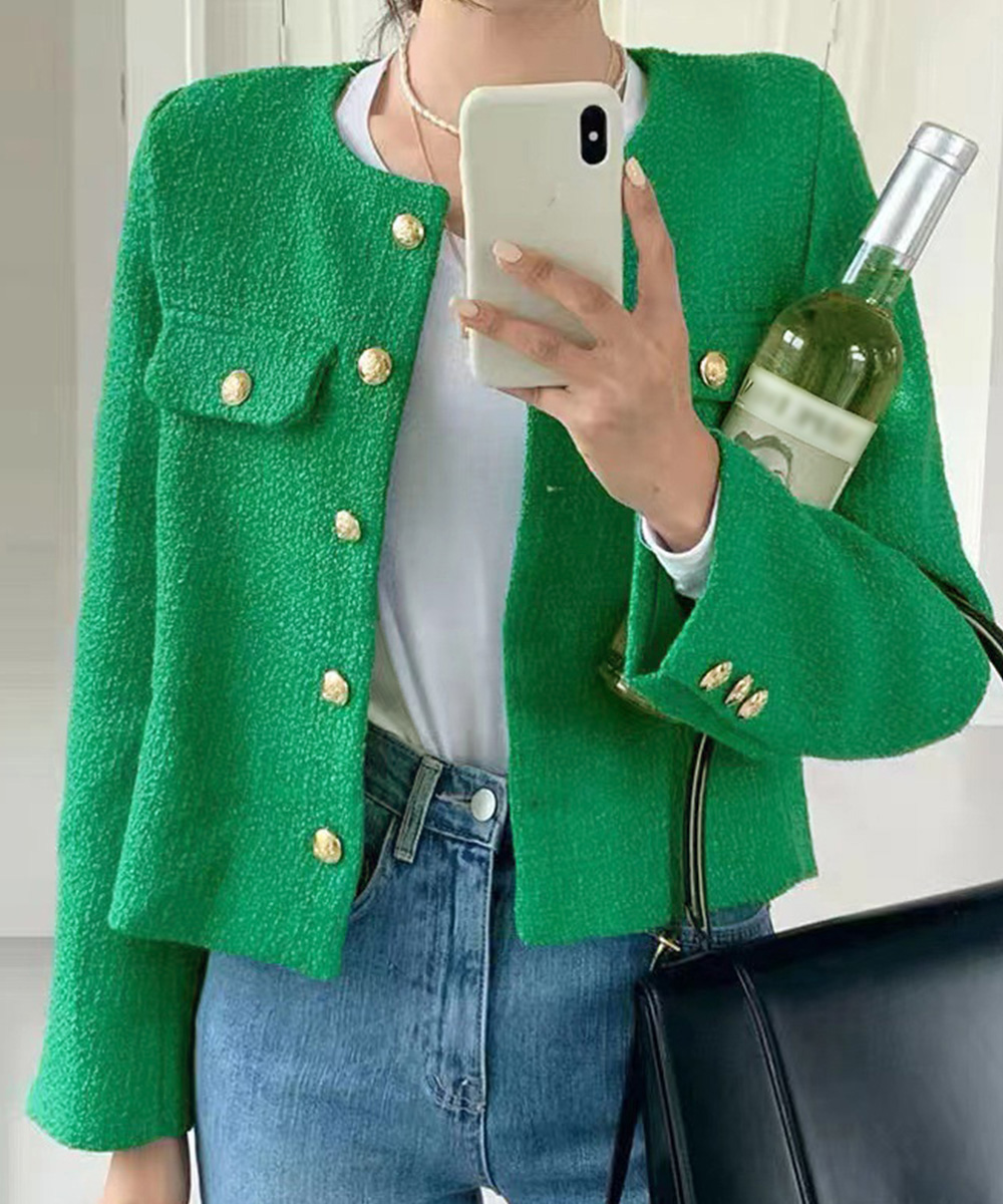ママコーデ 発表会対応ツイード風ノーカラージャケット金ボタン