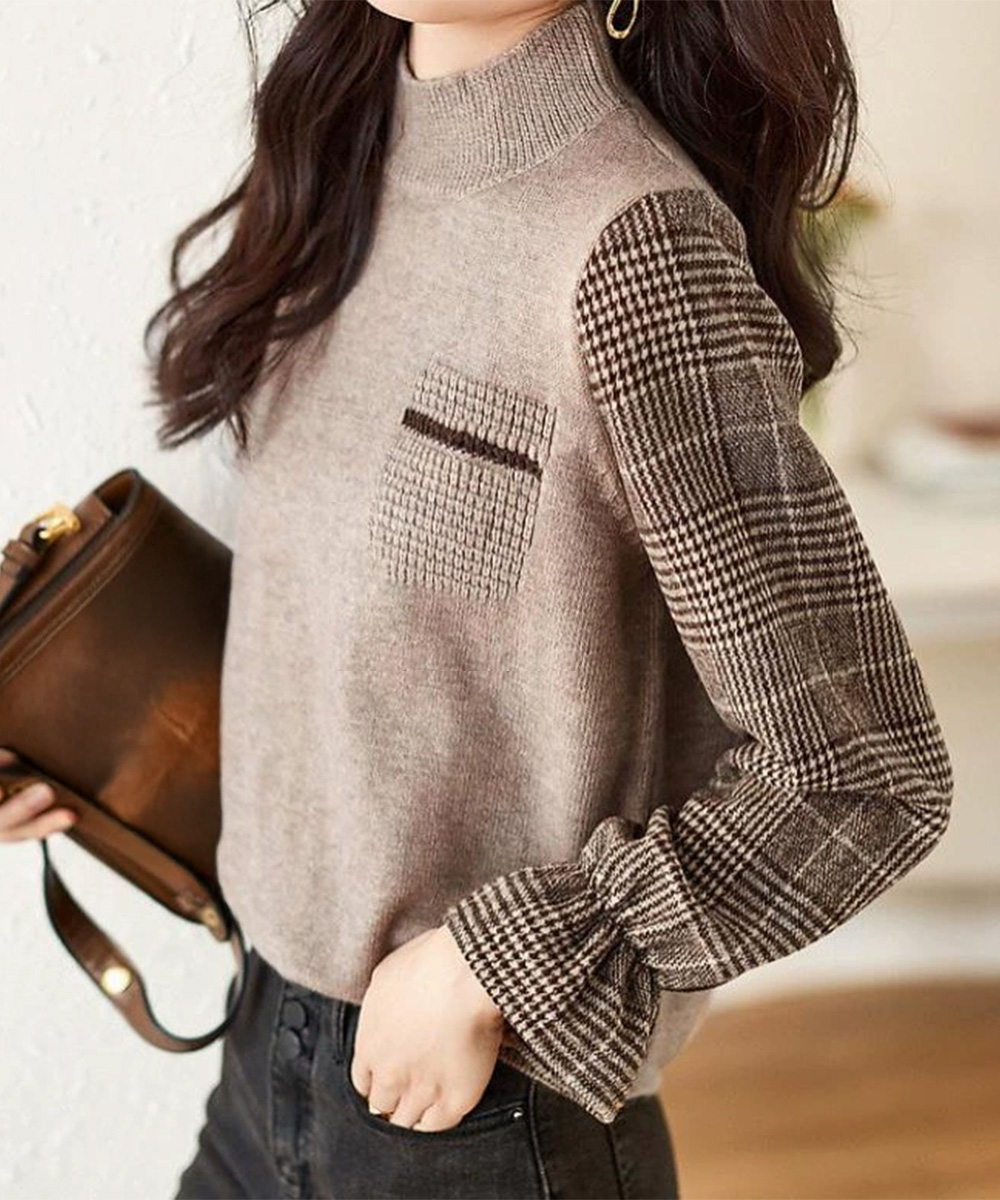 ママコーデ チェック柄袖切り替えハイネックニット カジュアル秋冬