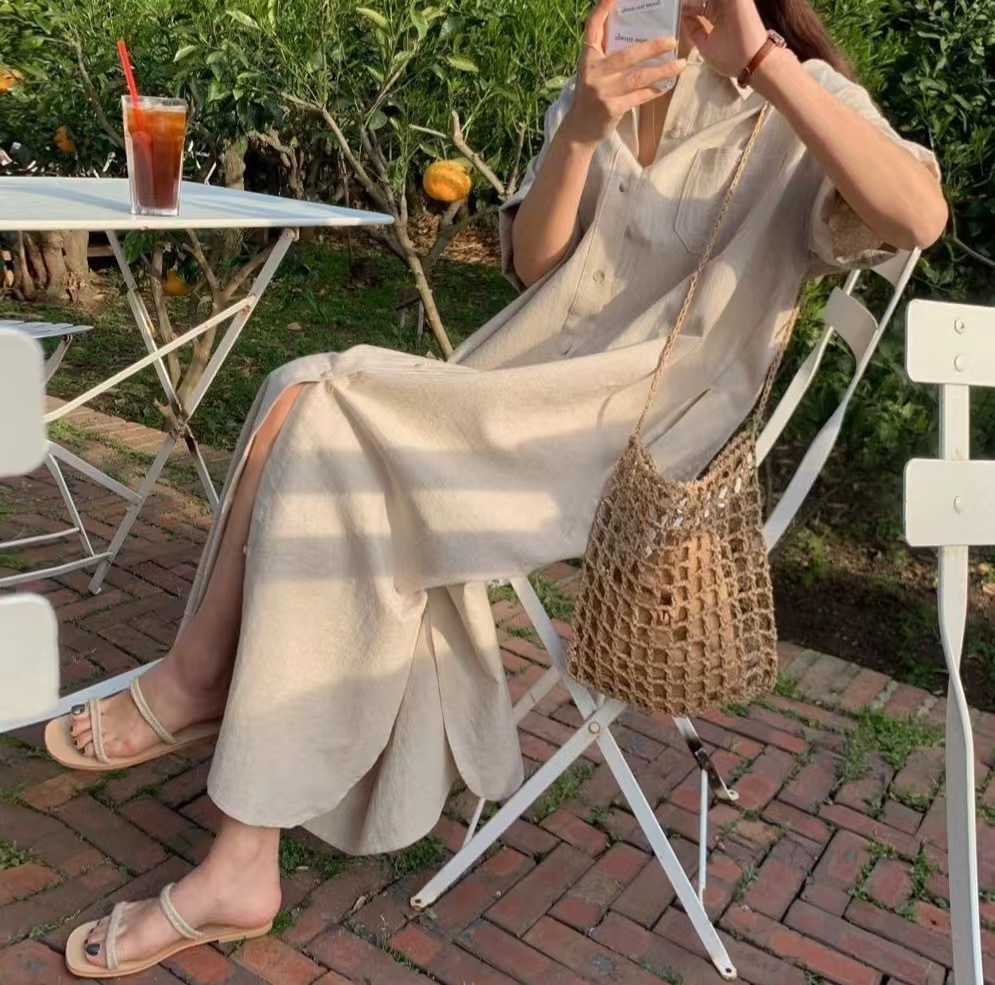 ママコーデ ロング丈シャツワンピース