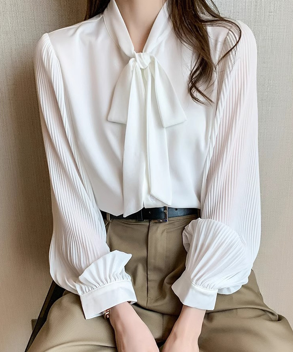 ママコーデ 入学式リボンタイブラウス長袖プリーツ袖シャツ