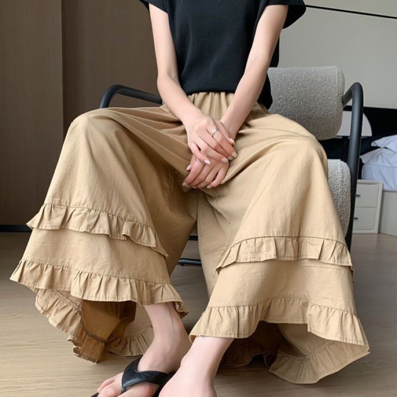 ママコーデ 二段フリル裾ワイドパンツ