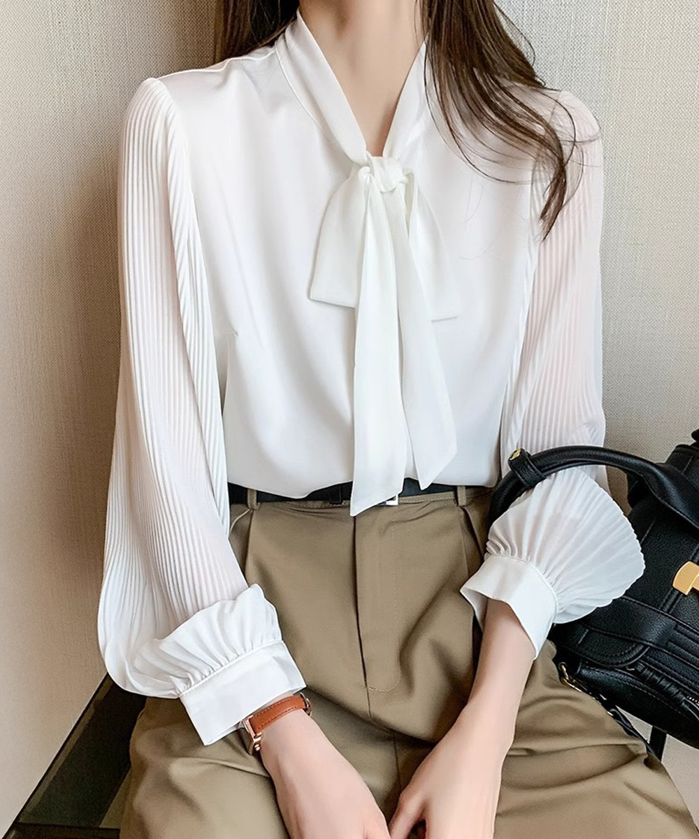 ママコーデ 入学式リボンタイブラウス長袖プリーツ袖シャツ