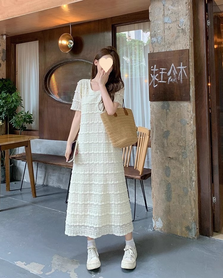 ママコーデ レース編みマキシワンピース