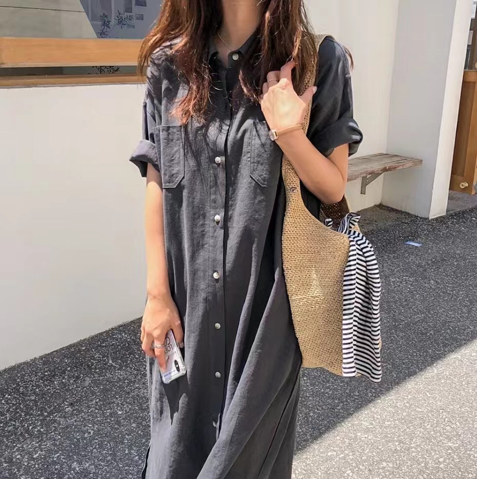 ママコーデ ロング丈シャツワンピース