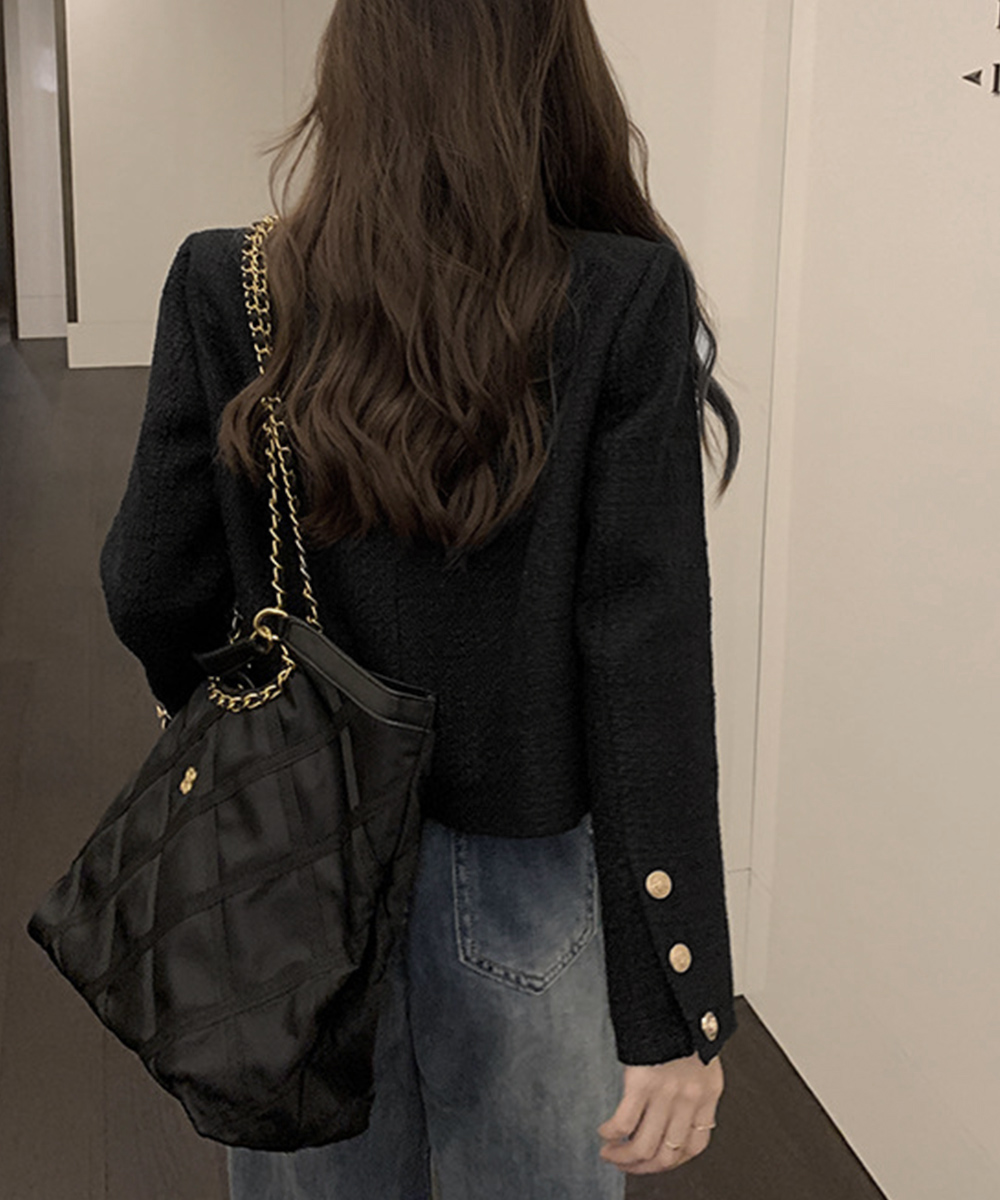 ママコーデ 発表会対応ツイード風ノーカラージャケット金ボタン