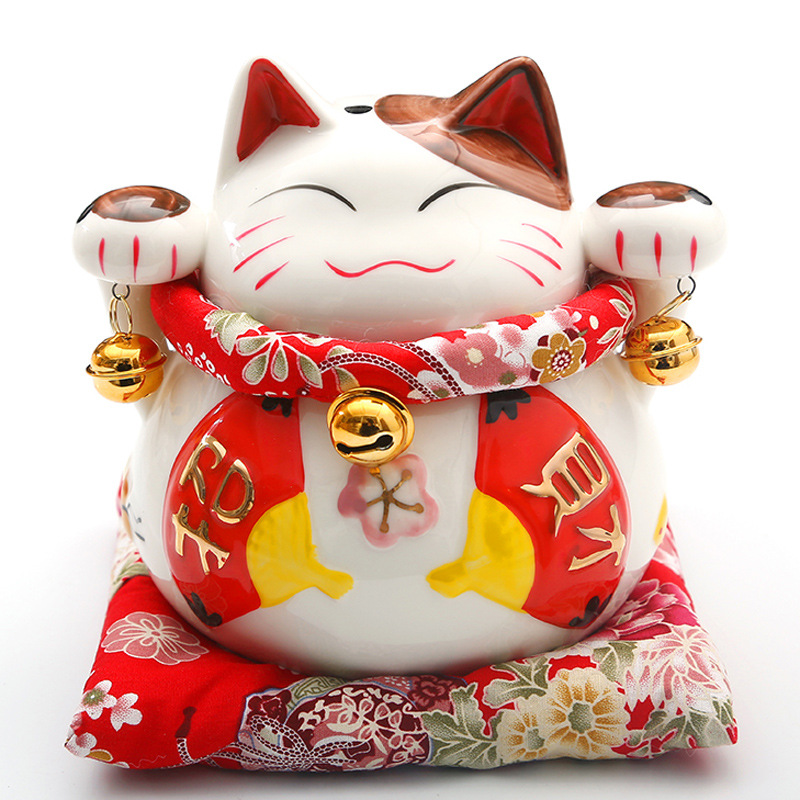 招き猫 両手招き福猫 金鈴付き座布団セット置物