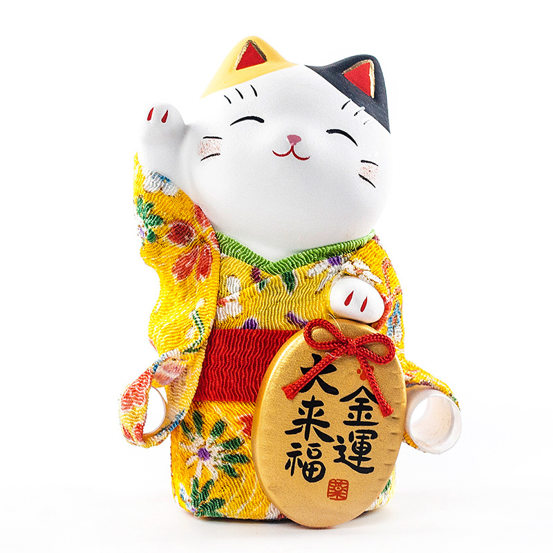 招き猫 花柄着物の招き猫 金運大来福・満願大成就